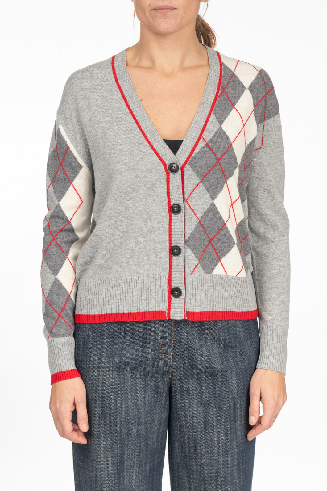 Maglia cardigan rombi grigio e rosso