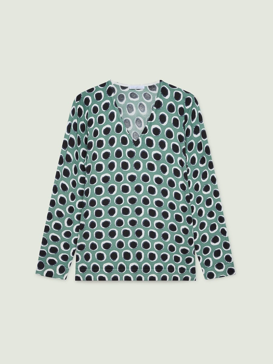Maglia viscosa scollo V fantasia pois verde