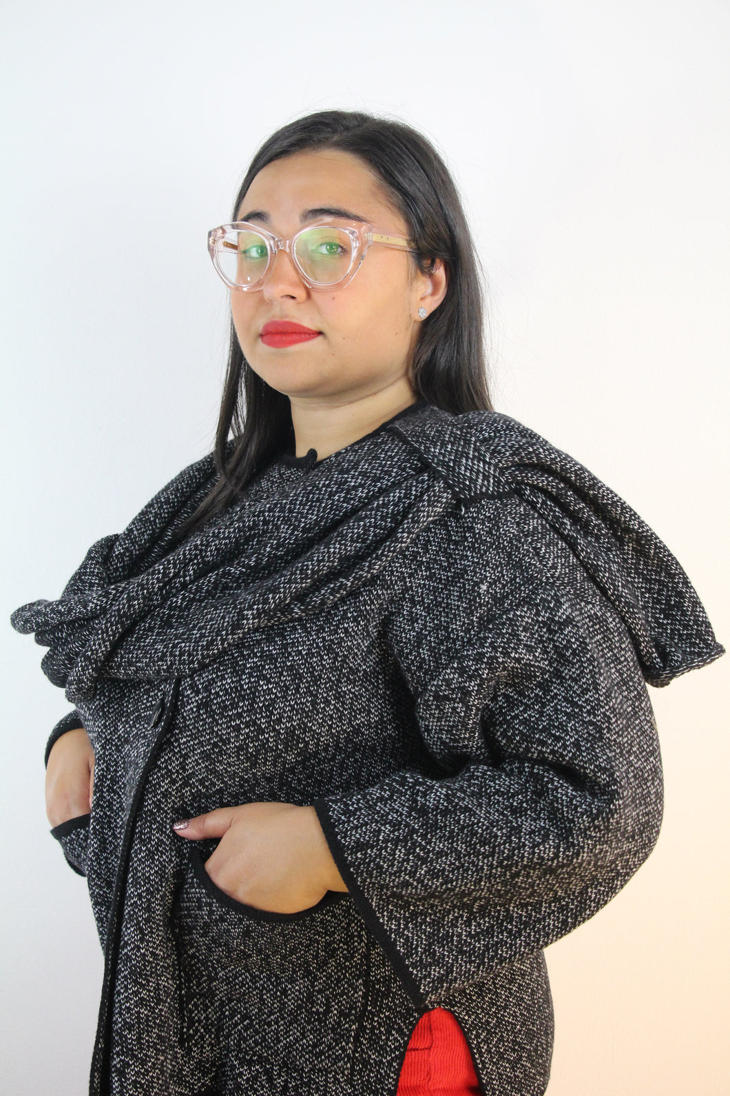 Giacca in maglia con sciarpa melange nero/latte