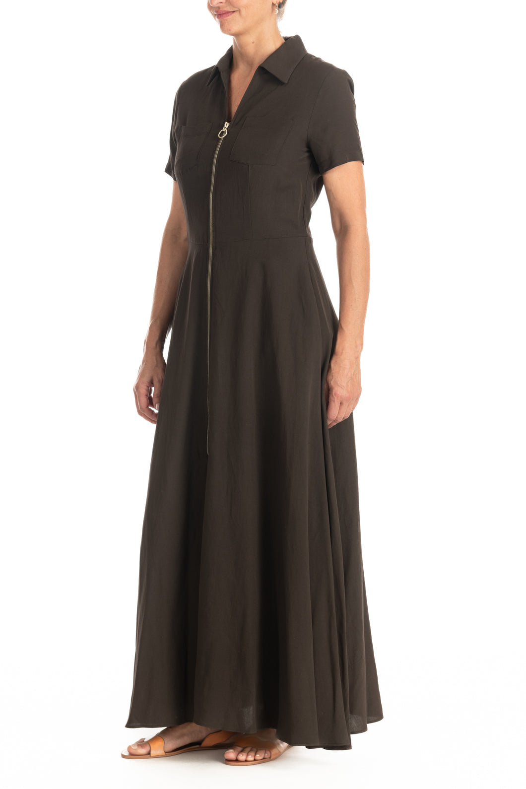 Abito lungo misto lino con zip davanti.