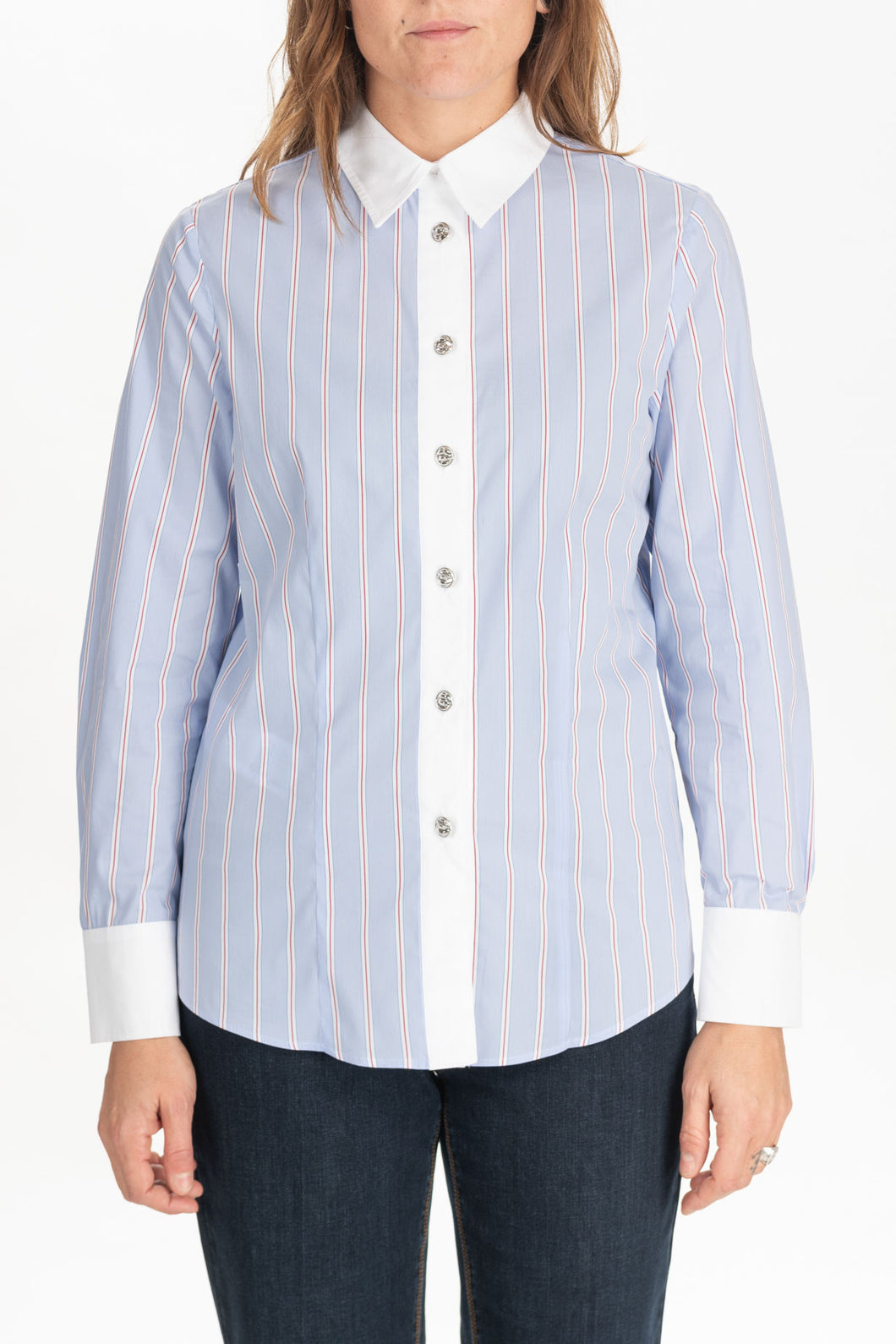 Camicia cotone a righe azzurra.