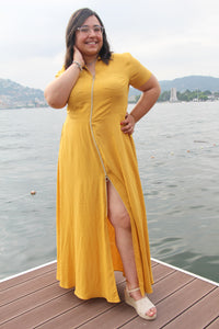 Abito misto lino zip giallo