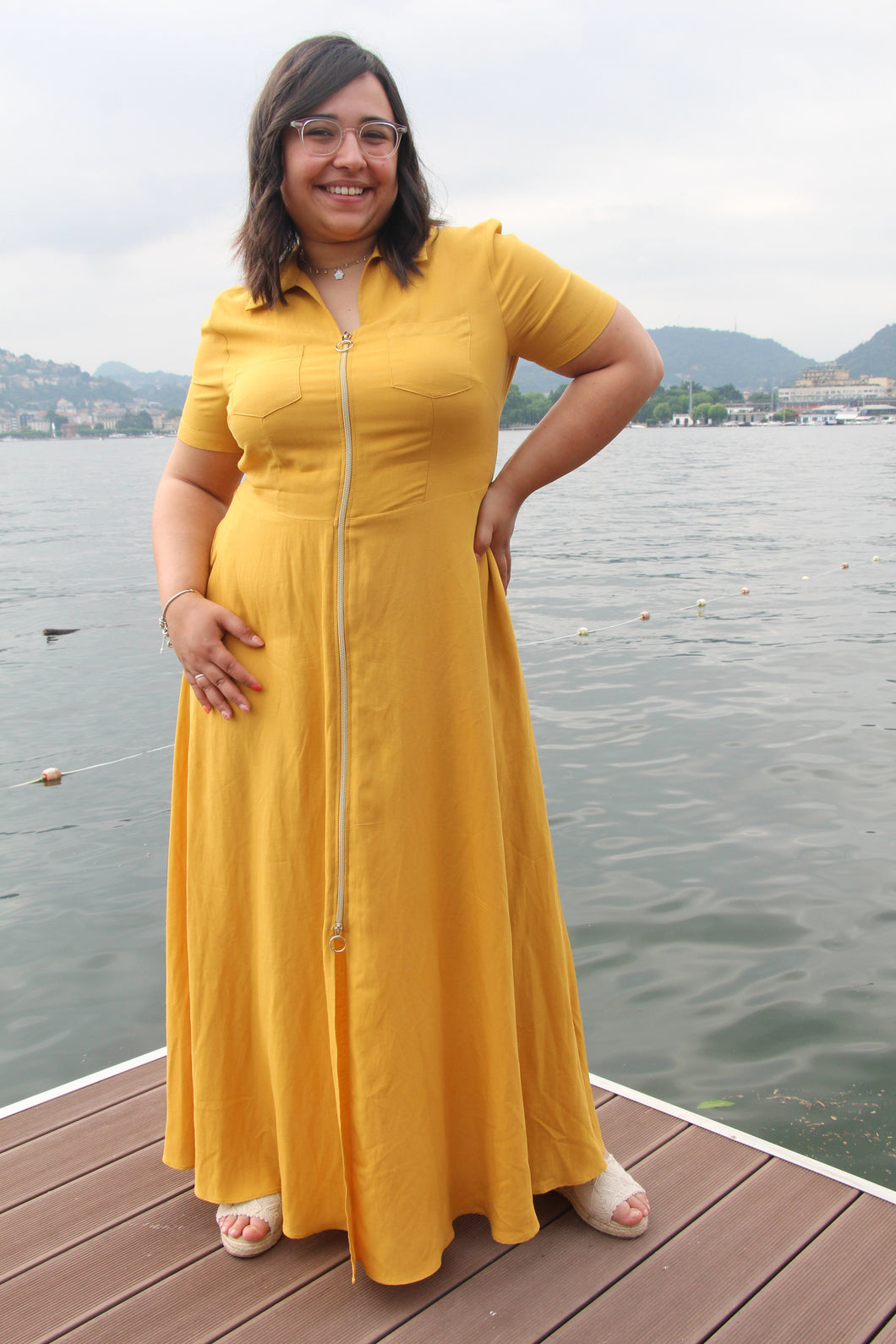Abito misto lino zip giallo