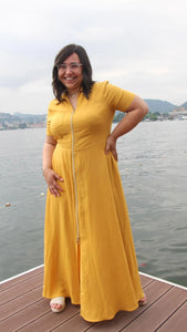 Abito misto lino zip giallo