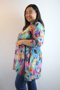 Camicia donna cotone fantasia lunga con tasche.